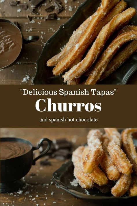 Churros and Spanish Hot Chocolate - light and crispy golden fried dough dipped in a creamy, thick, dark-chocolate sauce. A perfect blend of salty and sweet. Churros And Chocolate, Spanish Churros, Spanish Hot Chocolate, Chocolate Dipping Sauce, Antipasto Platter, Spain Food, Spanish Tapas, Gourmet Desserts, Fried Dough