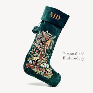 Embroidery On Velvet, Baby Christmas Stocking, Embroidered Christmas Stocking, Harrods Christmas, Traditional Christmas Stockings, Unique Christmas Stockings, Embroidered Stockings, Decorated Stockings, Baby Stocking