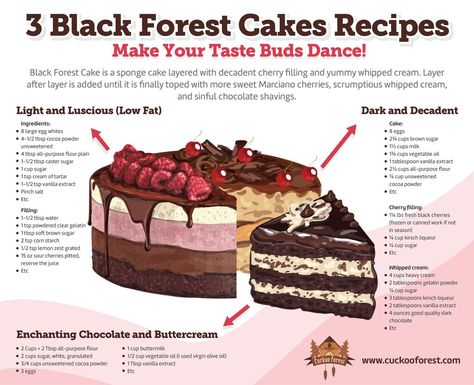 Black Forest Cake Recipes Infographic - Cuckoo Forest Sponge Chocolate Cake, Easy Black Forest Cake, Black Forest Cake Decoration, Forest Cakes, Easy Sponge Cake Recipe, Black Forest Cake Recipe, Cake Receipe, Cake Recipes At Home, Cake Recepies