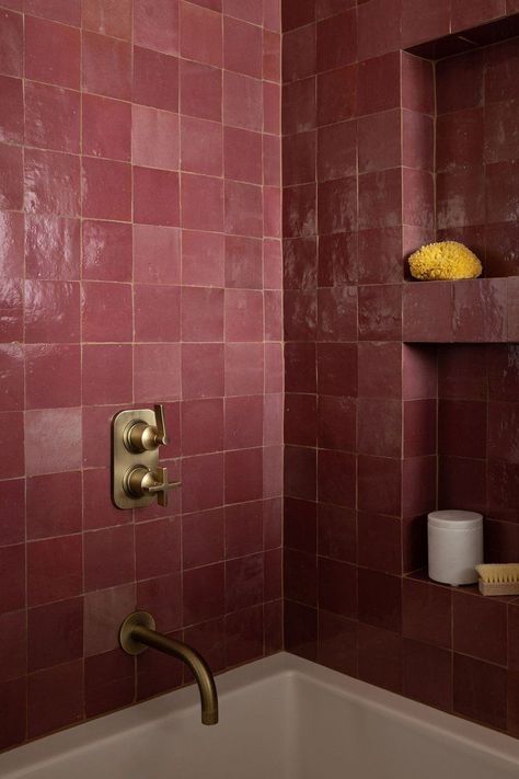 Bold pink tile in a shower space add a bit of fun and whimsy to this bathroom Vintage Store Interior Design, Zia Tile, Moroccan Zellige, Zellige Tiles, Mid Century Colors, Pink Tiles, Zellige Tile, Marin County, Up House