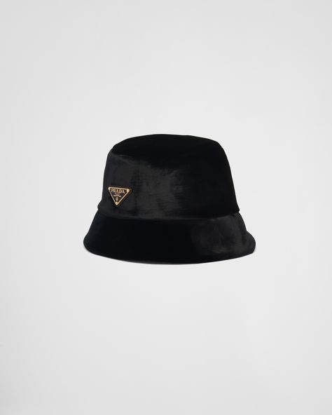 Black Velvet Bucket Hat | PRADA Prada Items, Black Bucket Hat Outfit, Black Bucket Hats, Velvet Bucket Hat, Chloe 2024, Prada Bucket Hat, Prada Hat, Korea Trip, Prada Collection