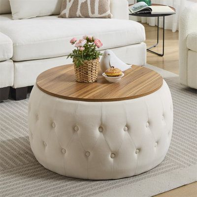 Looking for a functional addition to your home? Don’t miss this modern ottoman coffee table! Smooth and curved lines, tufted design, and simple color together exude a modern vibe, while the combination of velvet upholstery and wooden elements makes your space feel more intimate, cozy, and inviting. Featuring a removable flat lid, this cute piece provides extra storage space and can serve as an ottoman or a coffee table to complement any room. Crafted from high-quality materials, this ottoman cof Living Room Ottoman Coffee Table, Circle Coffee Tables, Coffee Table Brown, Modern Ottoman, Ottoman Coffee, Ottoman Coffee Table, Ottoman Table, Curved Lines, Living Room Coffee Table