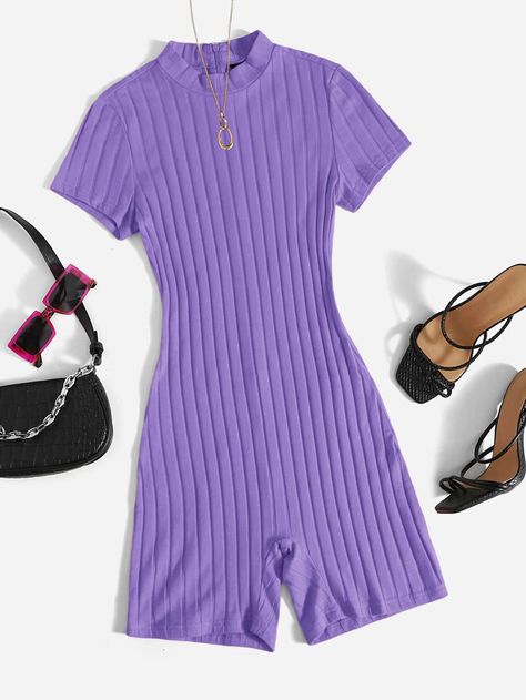 Violet Purple   Short Sleeve Cotton Plain  Embellished Slight Stretch Summer Women Jumpsuits & Bodysuits Adrette Outfits, Cute Dress Outfits, Purple Outfits, Easy Trendy Outfits, Knitted Romper, Simple Trendy Outfits, Baddie Outfits Casual, Cute Simple Outfits, Teenage Fashion Outfits