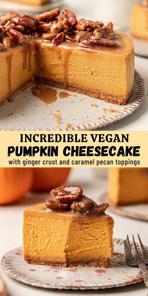 Baked vegan pumpkin cheesecake that is packed with pumpkin flavor and spices, has a crunchy ginger cookie crust and optional caramel pecan topping. Pumpkin Cheesecake Baked, Vegan Pumpkin Cheesecake Recipe, Spicy Ginger Cookies, Vegan Pumpkin Cheesecake, Vegan Thanksgiving Dessert, Cheesecake Baked, Vegan Pumpkin Cookies, Bake Easy, Vegan Pumpkin Recipes