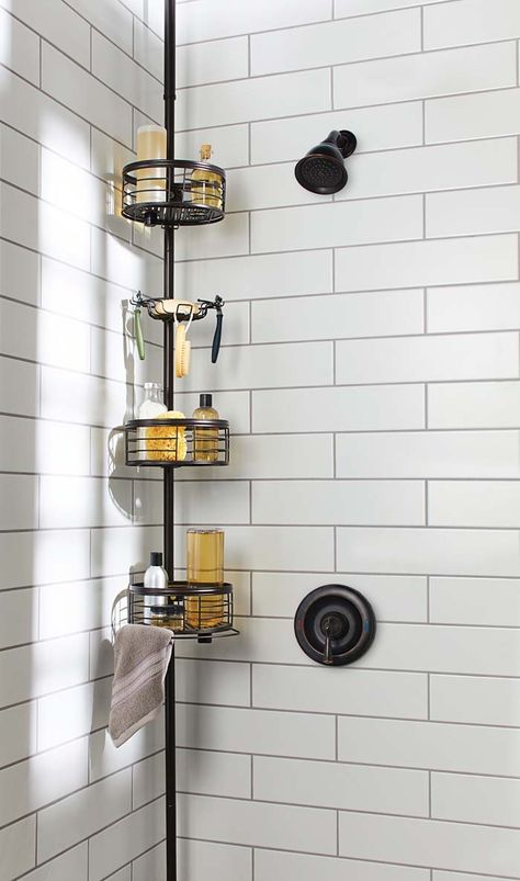 Master Shower Storage Ideas, Glass Shower Storage Ideas, Shower With No Shelves, Bathroom Shower Rack, Shower Storage Ideas Rental, Tub Shower Storage Ideas, Diy Shower Rack Ideas, Bathtub Shampoo Storage Ideas, Shower Caddies Ideas Bathroom