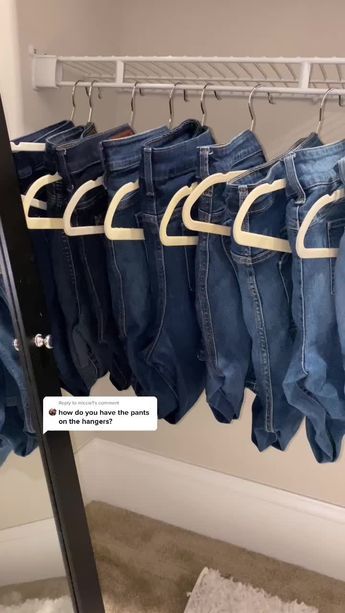 Best Way To Hang Jeans In Closet, Hang Pants In Closet Ideas, Hanging Pants In Closet Ideas, How To Store Jeans In Closet, Jeans Hanging Ideas, How To Hang Jeans, Jeans On Hanger, Hanging Jeans, How To Fold Jeans