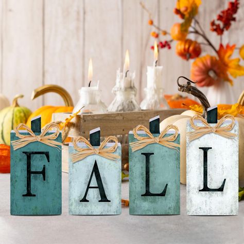 PRICES MAY VARY. 【What You Will Get】you will receive 4 pieces of fall wooden sign decorations. The "F,L"pumpkin is 2.6”W *4.8''H, white "L" pumpkin is 2.6''W*5.5''H，The "A"pumpkin is 4”W *2.6''H. Each thickness is 0.6'', which allows it free stand on the table easily. 【Unique Blue Fall Design】 The thanksgiving wooden sign set comes in Retro style Abstract pumpkin shapes(Blue gradient) , and they are printed with the letter “F” “A” “L” “L”. Sophisticated wooden pumpkins can evoke the atmosphere o Coastal Fall Decor Ideas, Abstract Pumpkin, Pumpkin Shapes, Fall Tray Decor, Fall Tray, Coastal Fall, Blue Autumn, Fall Tiered Tray Decor, Fall Wood Signs