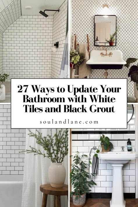 Give your bathroom an elegant makeover with the striking contrast of white tiles and black grout. This design choice not only emphasizes the clean lines of the tiling but also offers a sophisticated backdrop for your bathroom decor. Mix different tile shapes and sizes to add depth and dimension to the space. Pair this bold tiling with soft, warm lighting and lush green plants for a serene retreat feel. The result is a stylish, contemporary bathroom that stands out with its simplicity and eleganc White Tile Black Grout Bathroom Floor, White Subway With Black Grout, Black Grout White Tile, White Tile With Dark Grout, White Tile Black Grout Bathroom, White Tiles With Black Grout, Black Grout Bathroom, White Tile Black Grout, Tiles With Black Grout