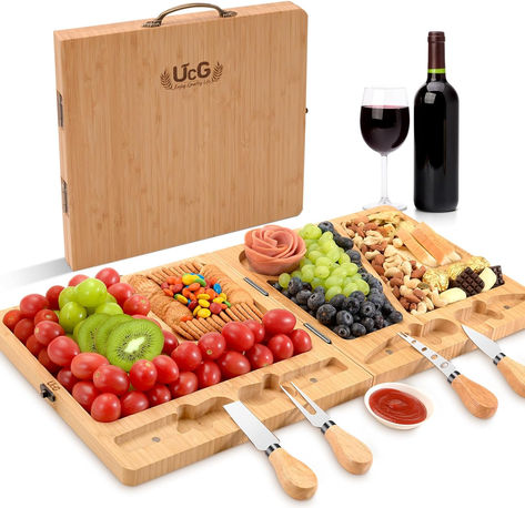 Plenty of Room: With a unique foldable design, The unfolded cheese board set measures 22.8*11.4 inches, which is a larger area than other charcuterie board set, suitable for 6-10 women. Also the cheese boards charcuterie boards comes with extra 2 forks,2 knifes and one porcelain bowl to meet everyone meal need. Note: Food is not included in the package. Thanksgiving Picnic, Cheese Board Gift Set, Boards Charcuterie, Cheeseboard Gift, Charcuterie Gifts, Cheese Board Set, Mom Wedding Gift, Board Charcuterie, Cheese Tray