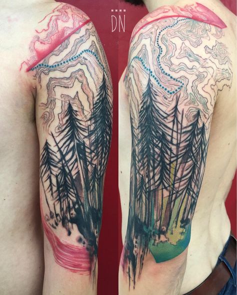 Topography (a section of the Appalachian trail) and trees for... Colorado Tattoos, Mountain Tattoos, Gauge Plugs, Roses Purple, Fake Gauge Earrings, The Appalachian Trail, Fire Tattoo, Sleeve Ideas, Human Canvas