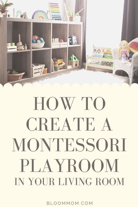 Play Area In Living Room Boho, Montessori Playroom In Living Room, Montessori Living Room Play Area, Montessori Toy Shelf Living Room, Small Play Space In Living Room, Kallax Montessori Toy Storage, Play Area Ideas Living Room, Small Space Montessori Living Room, Small Play Area Ideas In Living Room