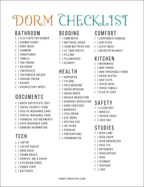 Dormitory Design, Packing List Free Printable, College Dorm List, Dorm List, Dorm Packing, College Packing List, College Dorm Checklist, Dorm Room Checklist, College Bedroom Decor