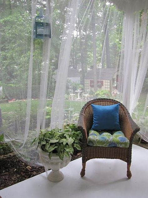 Mosquito nets are wonderful summer decorating ideas Mosquito Net Ideas, Mosquito Netting Patio, Balcony Designs, Mosquito Curtains, Balkon Decor, Porch Curtains, Building A Porch, Balkon Design, Patio Curtains