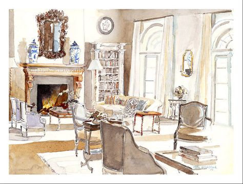 Famous Interiors, Drawing Room Design, Interior Design Renderings, Drawing Interior, Interior Design Sketches, Dining Room Interiors, Interior Sketch, Interior Illustration, Flower Studio