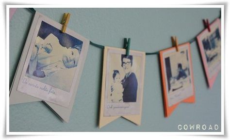 Photo bunting. I did loads of this for my wedding. Bunting Ideas Paper, Photo Bunting Birthday, Paper Bunting Ideas, Bunting Ideas Vintage Style, Bunting Ideas Unusual, Bunting Banner Template, Unicorn Bunting, Ribbon Clothes, Classroom Bunting