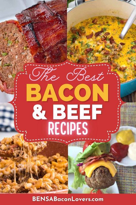 bacon wrapped meatloaf, cheeseburger soup, bacon meatballs, macaroni casserole with bacon and ground beef. Beef Bacon Recipes, Beef And Bacon Recipes, Bacon Stew, Mini Meatloaf Recipe, Bacon Wrapped Meatballs, Bacon Cheeseburger Meatloaf, Mini Meatloaf Recipes, Bacon Wrapped Filet, Stuffed Peppers Beef