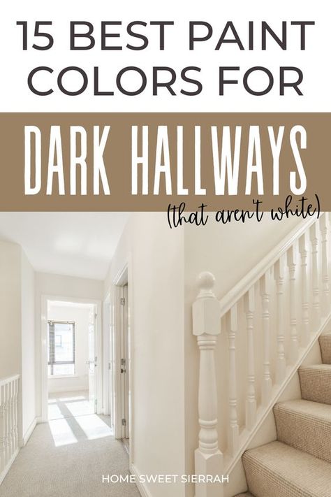 Need ideas for dark hallway paint colors and don't want to use white. This list of interior paint color ideas will brighten any space. Add these to your home color scheme. Off White Hallway Paint, Paint Color Hallway, Entryway Color Ideas Paint Farmhouse, Small Hallway Colour Ideas, Hallway Wall And Door Colors, Beige Staircase Ideas, Good Hallway Paint Colors, Hallway Paint Colours Uk, Best Paint Color For Dark Hallway