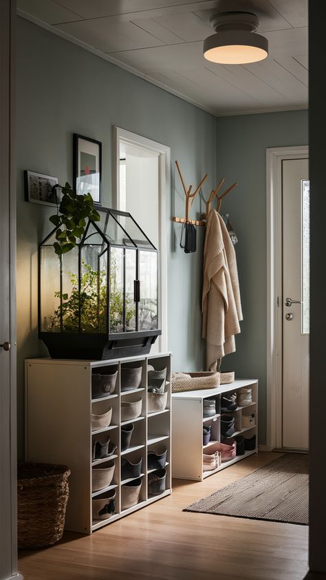 Welcome guests into your home with this beautifully styled entryway featuring a stunning terrarium atop a HEMNES shoe cabinet. The addition of a KNIPPE coat rack and TRONES shoe/storage unit keeps everything organized while adding a modern touch. A charming BJÖRKSTA picture frame brings personality to the space, and the soft glow from a NYMÅNE ceiling light creates an inviting atmosphere. Ready to elevate your entryway? Discover how to blend functionality with style! #EntrywayDecor #IKEAStyle #HomeOrganization Guest Coat Rack Entryway, Styled Entryway, Hemnes Shoe Cabinet, Shoe Storage Unit, Hemnes, Shoe Cabinet, Shoe Storage, Storage Unit, Entryway Decor