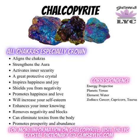 For more information and affirmations on Chalcopyrite, please click the link! Chalcopyrite Crystal Meaning, Chalcopyrite Meaning, Chalcopyrite Crystal, Peacock Ore, Inner Knowing, All Chakras, Human Design System, Healing Gemstones, The Chakras