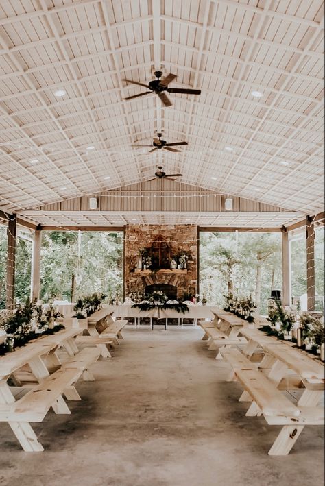 Outside Pavilion Wedding, Vowel Renewal Decor Ideas, Outdoor Pavillion Wedding Reception, Wedding Venue Patio, Outdoor Wedding Pavilion, Silo Weddings, Picnic Shelter Wedding Reception, Pavilion Decorating Ideas, Outdoor Pavilion Wedding