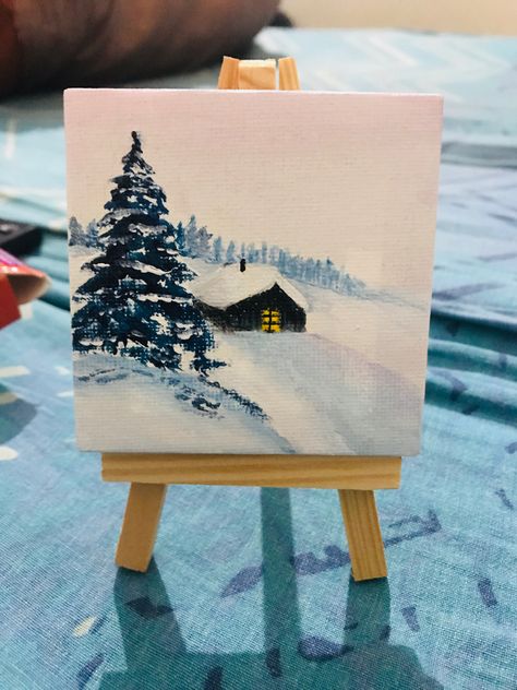 Small Canvas Winter Paintings, Mini Winter Paintings, Winter Painting Simple, Easy Snow Painting, Acrylic Snow Painting, Small Winter Paintings, Easy Acrylic Winter Paintings, Snow Painting Ideas, Tiny Christmas Paintings