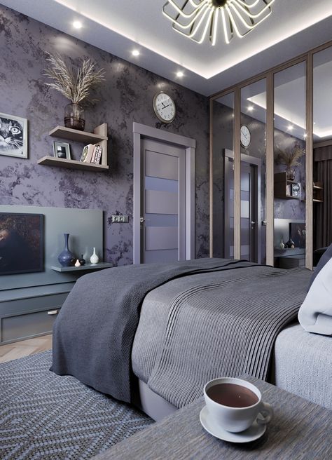 My visualization project: Modern Bedroom with Lilac walls Bedroom Ideas Purple Walls, Bedroom Lilac And Grey, Lilac And Grey Bedroom Ideas, Lilac Gray Bedroom, Daughter Room Design Modern, Purple Teenager Bedroom Ideas, Pastel Purple Bedroom Aesthetic, Lilac And Grey Bedroom, Grey And Purple Bedroom