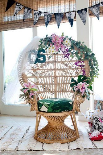 wedding shower decor ideas wicker chair for future bride decorated with flowers greens and veil ryan hebert photography Hawaiian Bridal Shower, Luau Bridal Shower, Barbie Malibu, Party Chair, Peacock Chairs, Chair Rentals, Tropical Baby Shower, Tropical Bridal Showers, Tropical Bridal