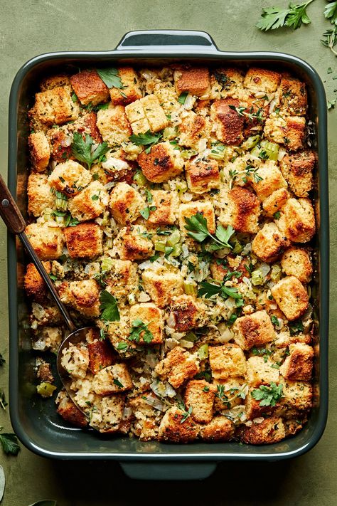 Kish Family Two Bread Stuffing, Easy Cornbread Stuffing Recipe, Best Cornbread Stuffing Recipe, Kristen Kish, Fluffy Cornbread, Cornbread Stuffing Recipes, Sausage Stuffing Recipe, Bread Stuffing, Cornbread Stuffing