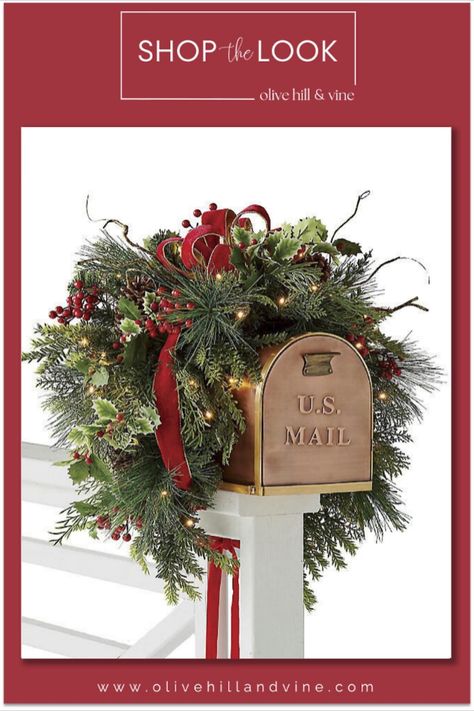 Outdoor Light Fixture Christmas Decor, Bridal Shower Mailbox Decoration, Front Porch Window Christmas Decor, Christmas Window Box Decorations, Window Box Christmas Ideas, Classic Outdoor Christmas Decorations, Christmas Lamp Post Decorations, Christmas Outdoor Decorating, Mailbox Wreath