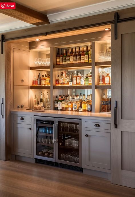 Diy At Home Bar Ideas, Service Bar Design, Living Room Bar Cabinet Built Ins, Hidden Home Bar Ideas, Built In Dry Bar Ideas, Liquor Closet Ideas, Dry Bar In Basement, Bar Rooms In House Ideas, Bar Wall Cabinet Ideas