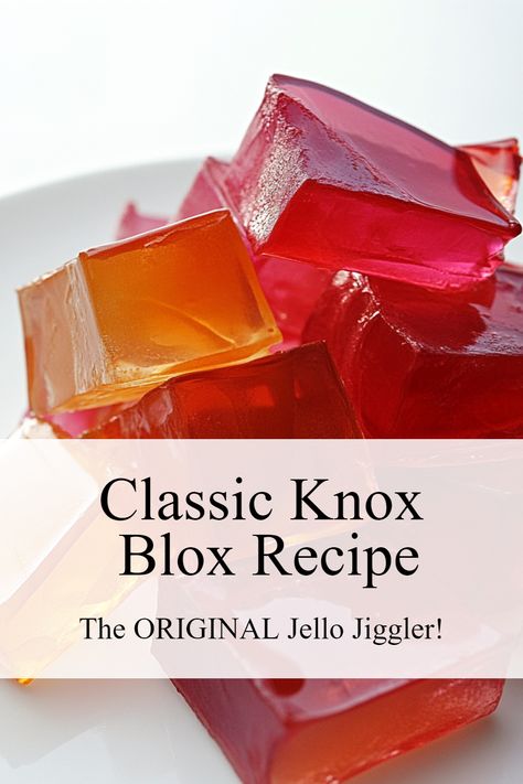 Colorful gelatin blocks on a plate with overlay text that reads "Classic Knox Blox Recipe" and "The Original Jello Jiggler," highlighting a fun Knox Blox Recipe for making Finger Jello and Jello Jigglers. How To Make Finger Jello, Jello Knox Blocks Recipe, Jello Blocks Recipe, How To Make Jello Jigglers, Jello Squares How To Make, Jello Cubes How To Make, Jello Jigglers Recipe With Knox Gelatin, Knox Blox Jello Squares, Finger Jello With Knox Gelatin