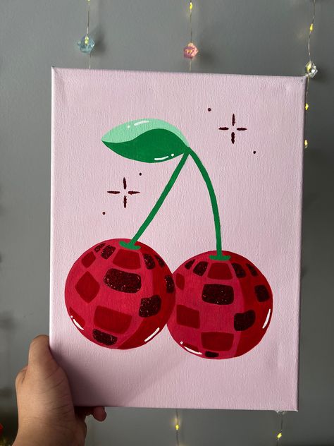 Custom acrylic painting on 9"x12" canvas. Cherries Painting Easy, Fun Art Paintings, Disco Cherry Painting, Cute Mini Canvas Ideas, Cherry Disco Ball Painting, Bday Painting Ideas, Pop Art Ideas Painting, Cake Acrylic Painting, Predrawn Canvas For Adults