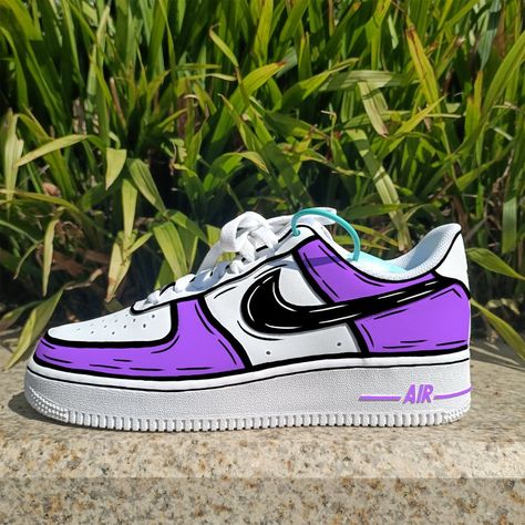 Paint Sneakers, Παπούτσια Nike Free, Purple Cartoon, Cartoon Purple, Nike Air Force 1 Custom, Custom Painted Shoes, Custom Shoes Diy, Air Force 1s, Air Force 1 Custom