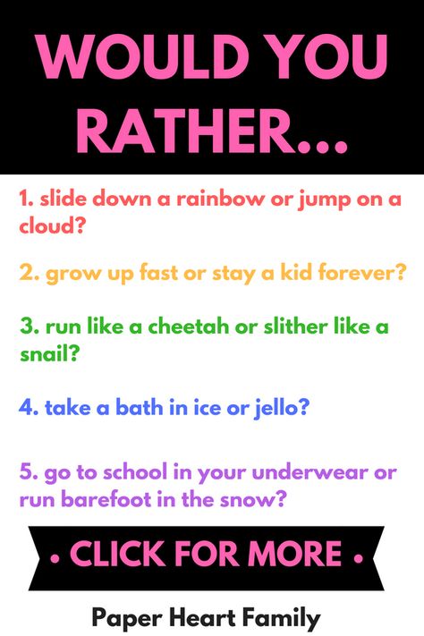 Make the most of your next family game night, road trip, classroom free time or family dinner time with these funny would you rather questions for kids. These are great conversation starters to get your kids thinking critically and laughing too! #funnyjokes #family Silly Questions To Ask, Funny Would You Rather, Thinking Critically, Conversation Starters For Kids, Night Road, Questions For Kids, Kids Questions, Rather Questions, Would You Rather Questions