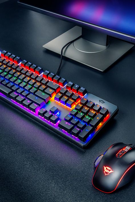 Mechanical gaming keyboard with quick responding switches, 7 color modes and gaming mode function & ergonomic gaming mouse with 6 programmable buttons and adjustable LED illumination Gaming Mouse And Keyboard, Gaming Mouse Aesthetic, Keyboard And Mouse Aesthetic, Merek Mobil, Pc Games Setup, Keyboard Design, Gaming Equipment, Creaturi Mitice, Keyboard Gaming