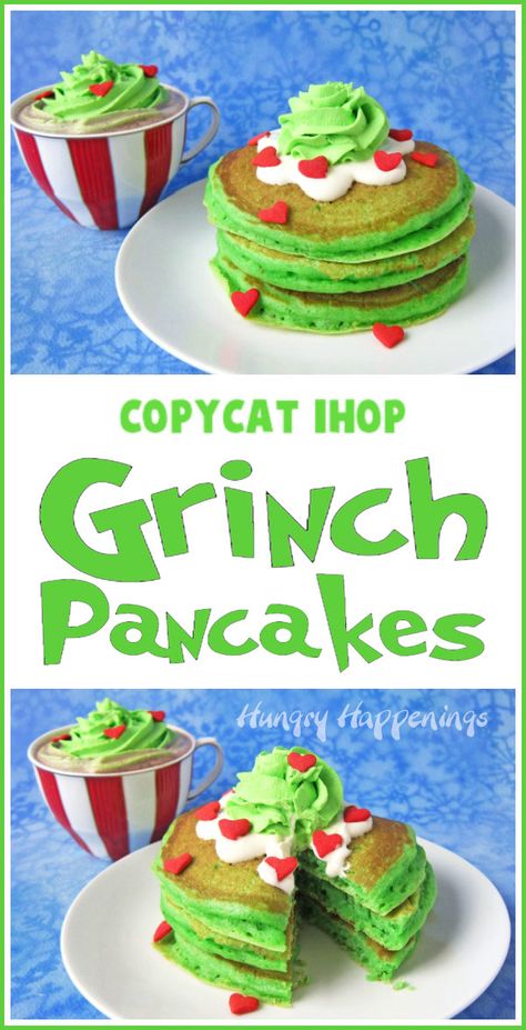 Grinch Goodies, Grinch Pancakes, Ihop Breakfast, Christmas Breakfasts, Holiday Pancakes, Grinch Night, Natasha Kitchen, Ihop Pancakes, Yummy Pancakes