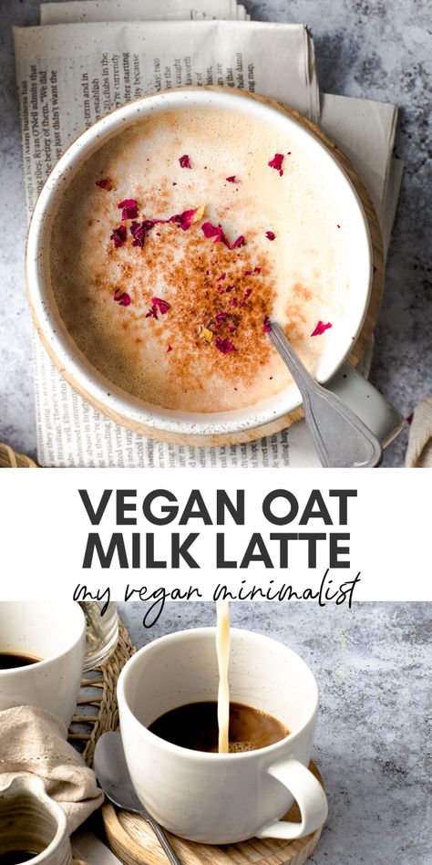 The foamiest, barista like oat milk latte you can make yourself! This DIY vegan oat milk coffee is easy, foamy, bubbly and subtly sweet. Save money and become your own barista. Can be made decaf or with other plant milk. #veganlatte #vegandrink #vegancoffee #DIYlatte #myveganminimalist Vegan Hot Cocoa Recipe, Oat Milk Coffee, Vegan Latte, Vegan Minimalist, Oat Milk Latte, Plant Milk, Cocoa Recipes, Vegan Drinks, Homemade Coffee