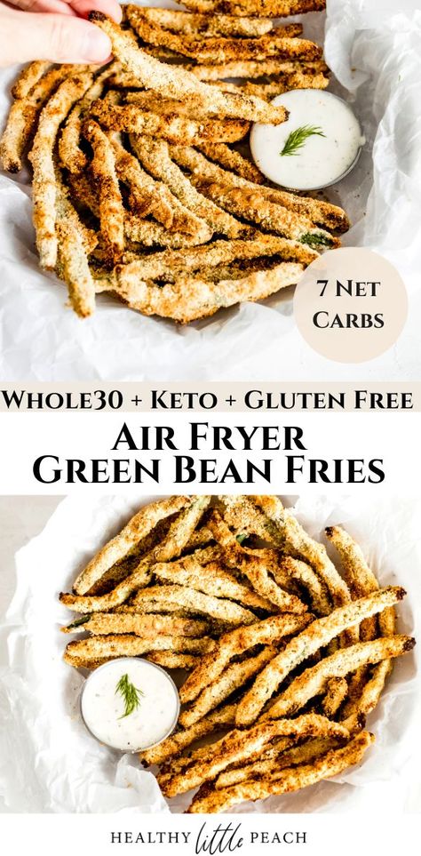 Are you looking for a crispy, salty snack that won’t ruin your diet? These easy Air Fryer Green Beans are a healthier option that can serve as an appetizer, snack or crunch side dish. Only 7 NET carbs and Whole30, Keto and Paleo compliant. #keto #ketorecipes #whole30 #airfryergreenbeans #greenbeanrecipes #airfryerrecipes #paleo #ketosnacks #ketofries Healthy Green Bean Fries, Green Bean Fries Keto, Whole 30 Green Bean Recipes, Whole 30 Fries, Green Bean Appetizer Recipes, Whole30 Air Fryer Recipes, Lean And Green Air Fryer Recipes, Aip Air Fryer Recipe, Green Bean Fries Air Fryer