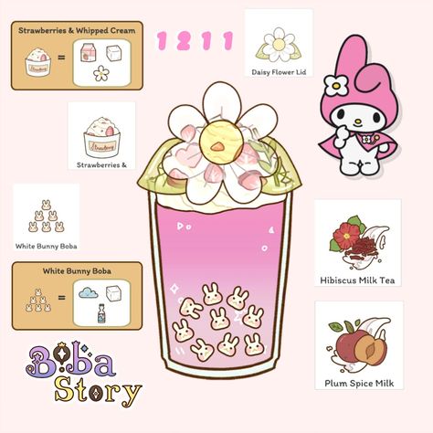 Boba story ~ My Melody drink Boba Story Magic Den Recipes, Boba Story Lid Recipes, Boba Story Recipes New Update 2024, Boba Story Lids Code, Boba Story Drink Ideas, Boba Story Game Recipes, Boba Icon, Boba Story Recipes, Boba Ideas