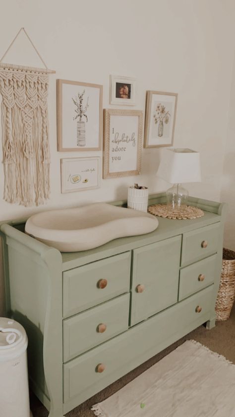 Green Changing Table Dresser, Olive Dresser Nursery, Nursery Dresser Color Ideas, Green Changing Table Dressers, Nursery Art Over Dresser, Dresser For Baby, Nursery Ideas Neutral Sage Green, Sage Green Nursery Dresser, Green And Natural Nursery