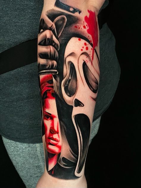 Ghost face portrait tattoo Trash Polka Horror Tattoo, Monster Squad Tattoo, Cool Scary Tattoos, Horror Forearm Tattoo, Scream Face Tattoo, Spooky Tattoo Designs, Scream Tattoo Design, Art The Clown Terrifier Tattoo, Scream Mask Tattoo