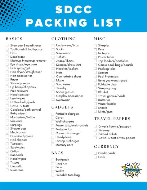 Packing List for San Diego Comic-Con 2022 | San Diego Comic-Con Unofficial Blog Trip Checklist, Lysol Wipes, Hair Dryer Straightener, Mint Gum, Hospital Gifts, Toothbrush Toothpaste, Travel Games, San Diego Comic Con, Craft Accessories