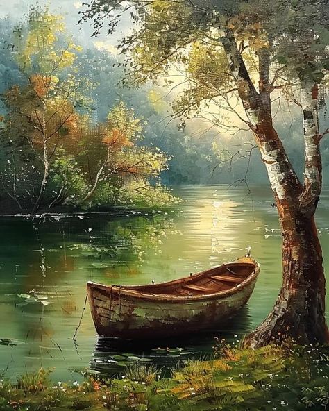 Health & Wellness Academy Beautiful Paintings Of Nature, Peisaj Abstract, Beautiful Landscape Paintings, Landscape Painting Tutorial, River Painting, Landscape Art Painting, Boat Painting, Textured Canvas, Textured Canvas Art