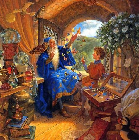 Merlin and Arthur, illustrated by Scott Gustafson Scott Gustafson, Fantasy Wizard, 동화 삽화, Merlin And Arthur, Little Bo Peep, Fairytale Illustration, Art Et Illustration, Fairytale Art, Gandalf