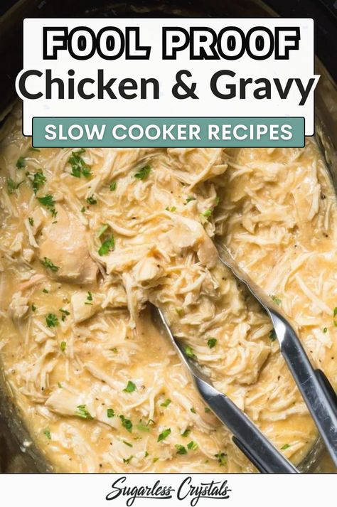 Homemade Crockpot chicken and gravy is crazy easy to make with only a few ingredients. Easily take care of your next meal with tender chicken in savory gravy. An easy slow cooker chicken dinner recipe that goes great with mashed potato! This shredded chicken and gravy recipe is a nice easy meal for those busy weeknights. Mexican Chicken Gravy Recipe, Homemade Chicken And Gravy Crockpot, Shredded Chicken And Mashed Potatoes, Shredded Chicken Recipes Crockpot, Crockpot Shredded Chicken Recipes, Chicken Gravy Crockpot, Shredded Chicken And Gravy, Slow Cooker Chicken And Gravy, Family Lunch Recipes