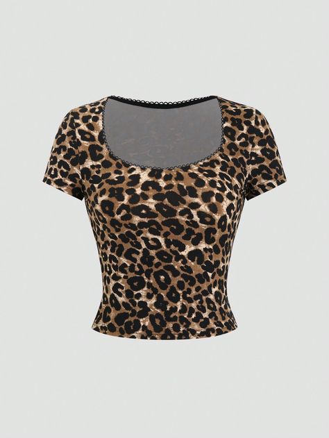 Women's Summer Leopard Print Short Sleeve Slim Fit T-Shirt Multicolor Casual  Short Sleeve Knitted Fabric Leopard Print,Textured Pattern  High Stretch  Women Clothing, size features are:Bust: ,Length: ,Sleeve Length: Leopard Print Clothes, Cheetah Print Shirt, Leopard Print Accessories, Cheetah Print Top, Cheetah Print Shirts, Leopard Outfits, Leopard Shirt, Leopard Print Shorts, Leopard Top