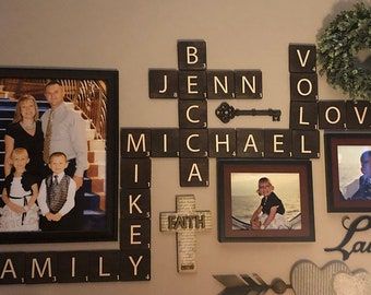 Scrabble Wall Tiles, Scrabble Wall Decor, Condo Makeover, Large Scrabble Tiles, Personalized Wooden Letters, Scrabble Tile Wall Art, Scrabble Wall Art, Scrabble Wall, Wood Guest Book Wedding