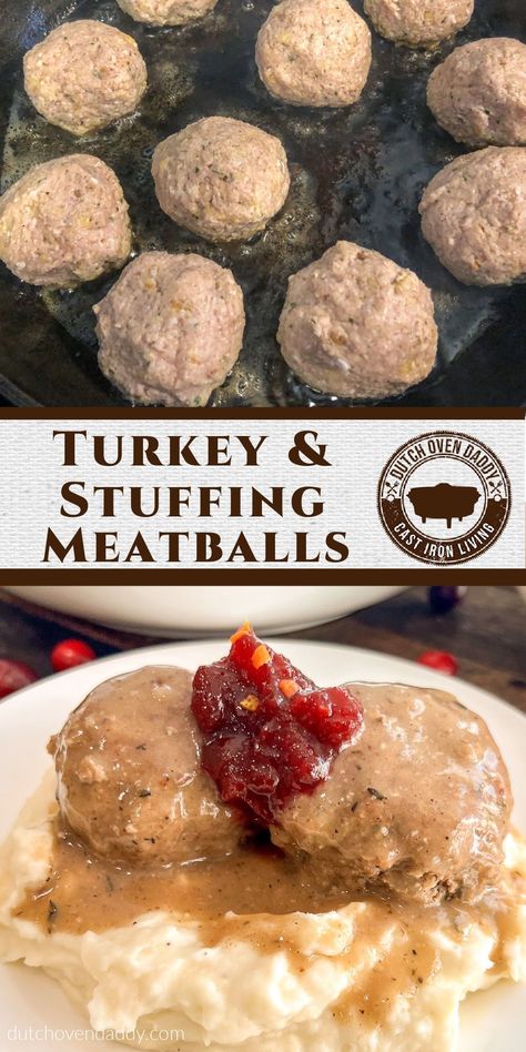 Turkey and Stuffing Meatballs with Gravy is an anytime of the year, busy weeknight dinner recipe loaded with Thanksgiving flavor. Turkey Meatballs And Gravy, Turkey Stuffing Meatballs, Crockpot Turkey Meatballs, Camp Oven Recipes, Easy Cast Iron Recipes, Stuffing Meatballs, Meatballs With Gravy, Turkey Meatballs Crockpot, Turkey And Stuffing