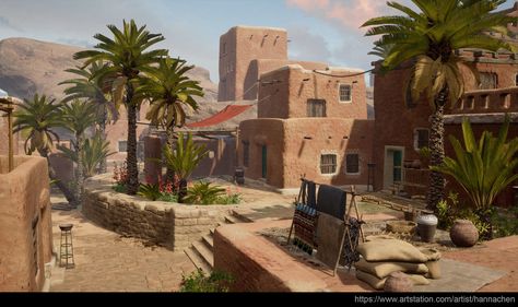 Hanna Chen - The Desert Village (Final) Desert Village, Stylized Environment, African Village, Ancient Egyptian Architecture, Mom Drawing, Egypt Concept Art, City Zoo, Fantasy World Map, Bg Design