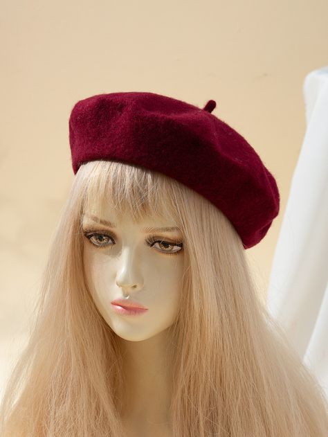 Burgundy Casual Collar  Fabric Plain Beret Embellished   Women Accessories Beret Reference, Beret Cap Outfit, Beret Hairstyles, Artist Beret, Red Berets, Beret Fashion, Burgundy Hat, Beret Style, Red Beret